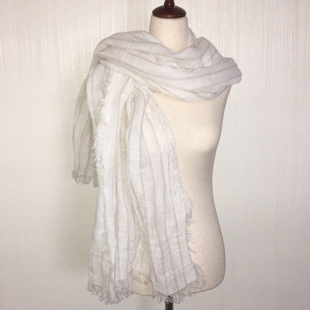 NWOT $148 Eileen Fisher striped organic linen scarf wheat & white fringed - Picture 3 of 7